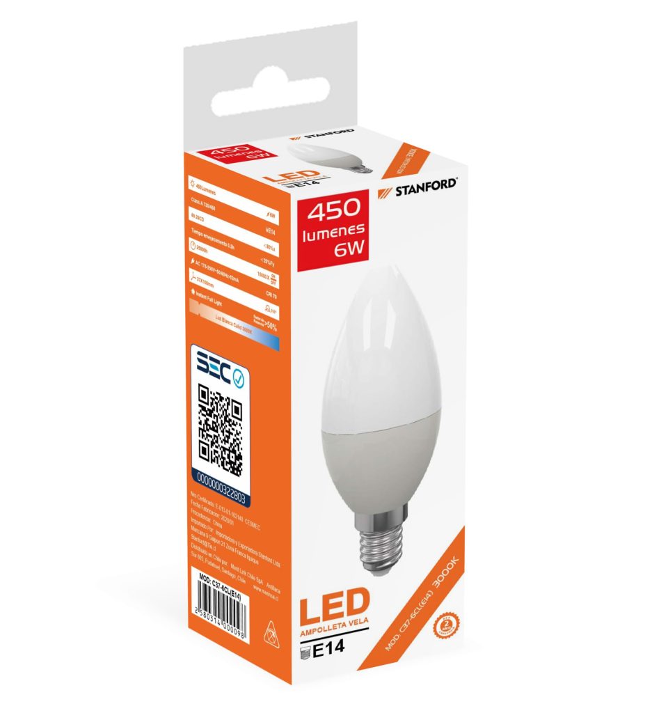 Ampolleta Led Vela STANFORD E14 (Cálida) 6W