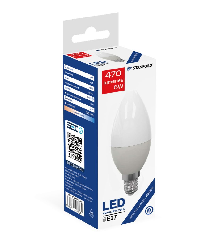 Ampolleta Led Vela STANFORD E14 (Fria) 6W E-14