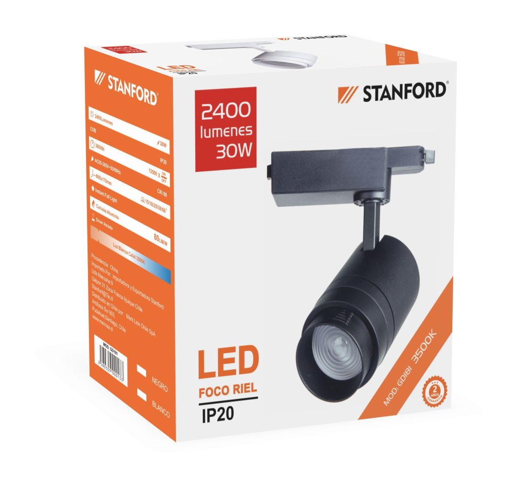 Foco Led Riel GD181 Óptico Regulable STANFORD 3500K 20W Negro